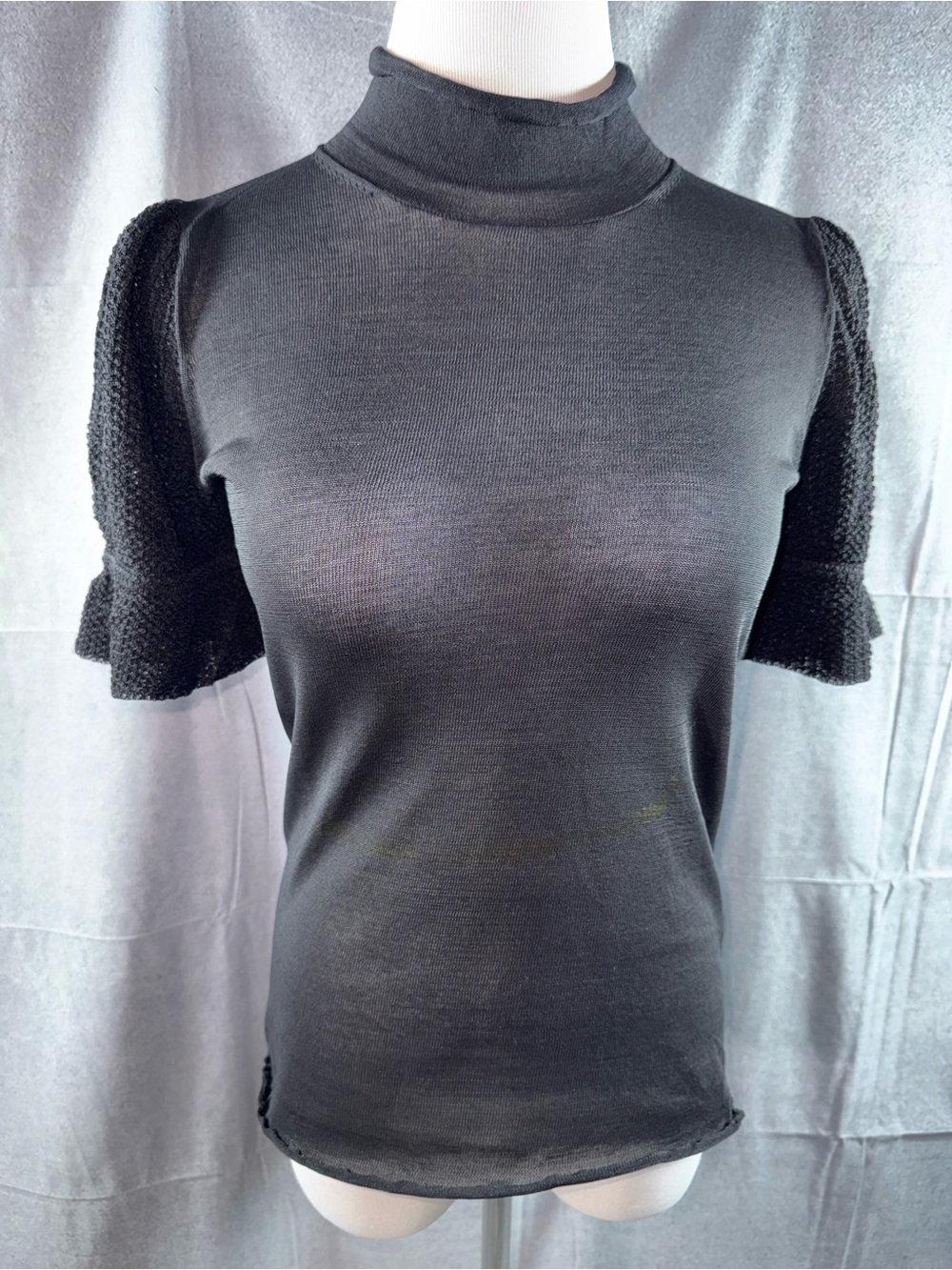 3183-CO Black Puff-Sleeve Mock Neck Short Sleeve Top